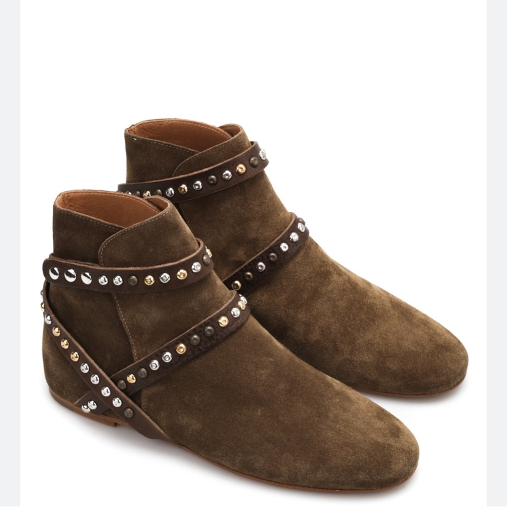 Isabel Marant Olive Brown Suede Ankle Boots with Stud Straps